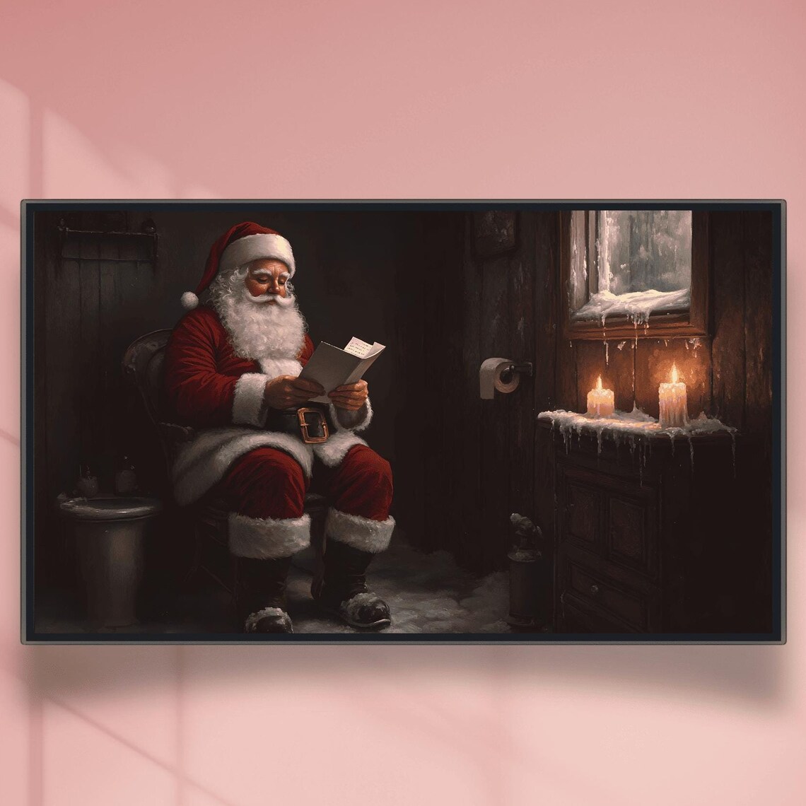 Santa Reading Letters In Rustic Snowy Cabin Bathroom Scene Poster