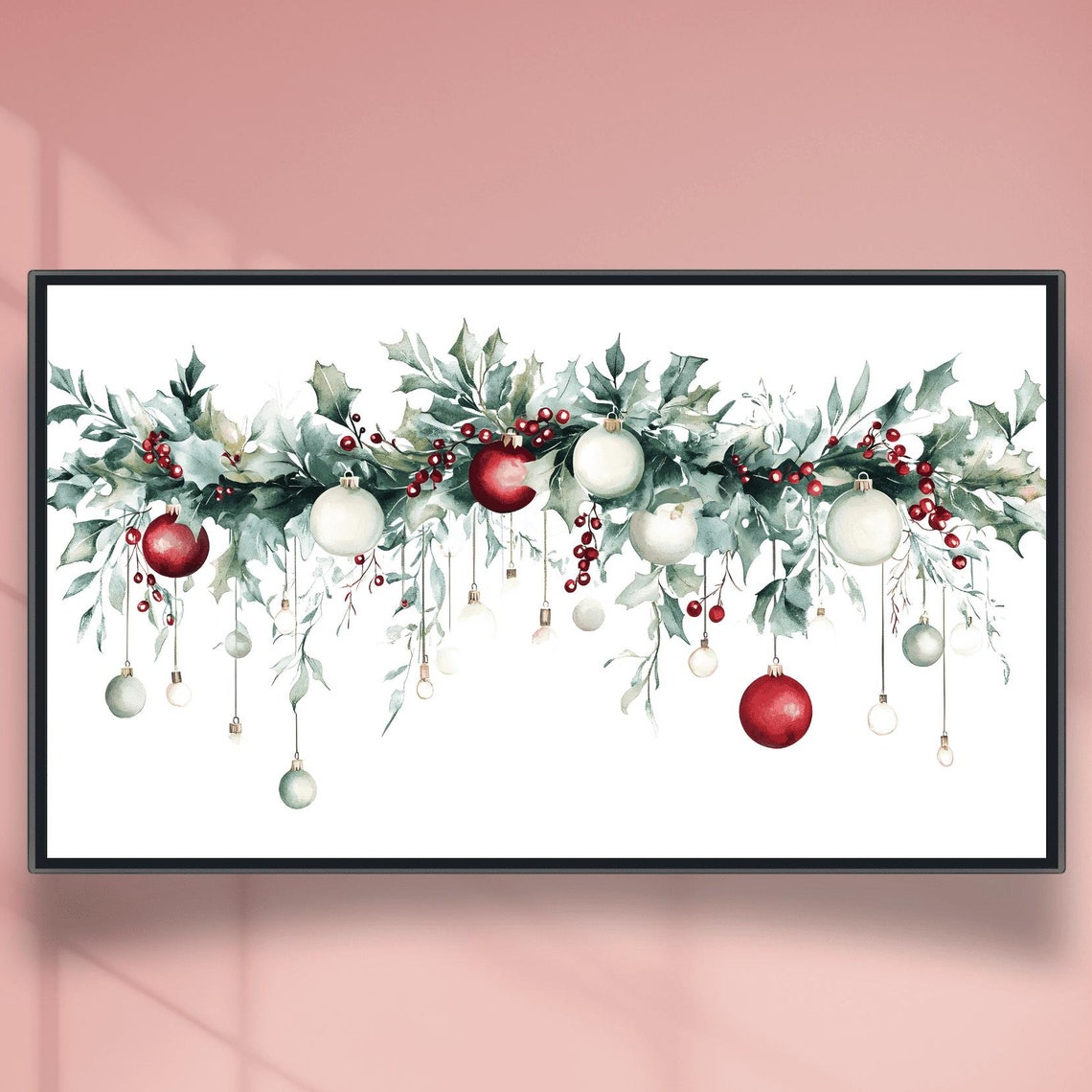 Dense Holly Garland With Dangling Red White Ornaments Poster