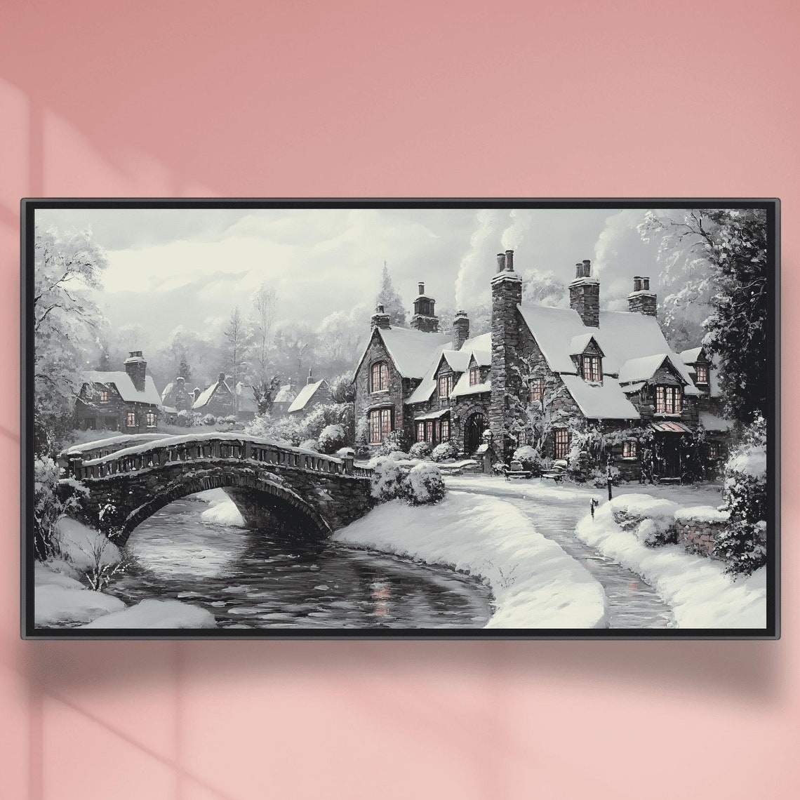 Snowy Stone Cottage Village With Arched Bridge Winter Poster