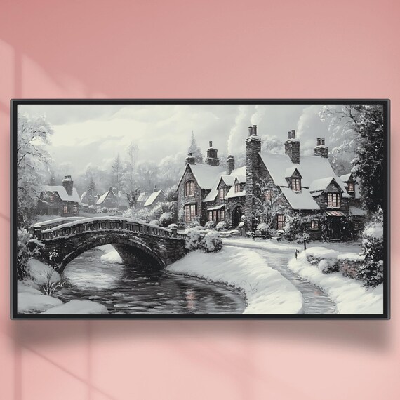 Snowy Stone Cottage Village With Arched Bridge Winter Poster