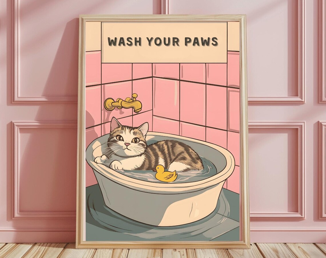 Cute Tabby Cat in Bathtub Wash Your Paws Funny Bathroom Poster
