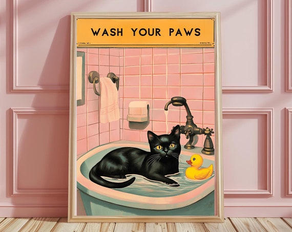 Animal Black Cat Bathroom Sink Print Cat Wall Art Vintage Wall Art Toilet Restroom Funny Bathroom Wall Art Home Decor
