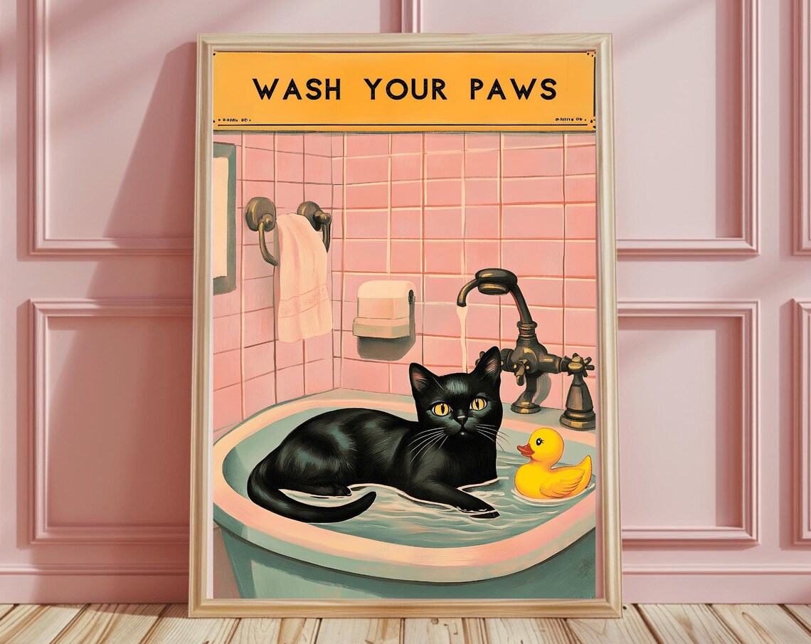 Wash Your Paws Black Cat in Vintage Sink Rubber Duck Funny Poster