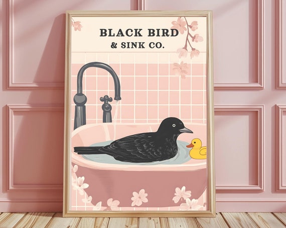 Animal Black Bird Bathroom Sink Print Bird Wall Art Vintage Wall Art Toilet Restroom Funny Bathroom Wall Art Homedecor