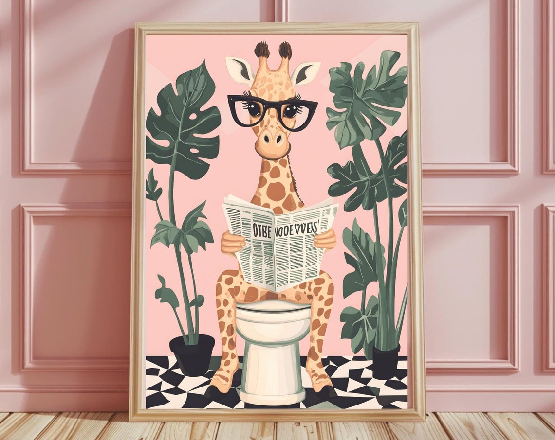 Giraffe With Glasses Reading Newspaper Funny Bathroom Poster