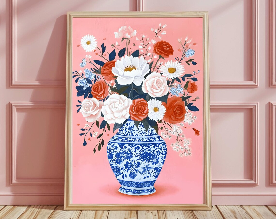 Chinoiserie Porcelain Vase with Pink Roses Blue White Floral Poster