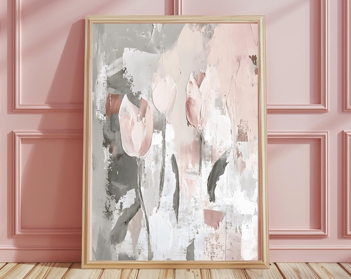 Abstract Blush Tulips Gray and Pink Modern Floral Art Poster