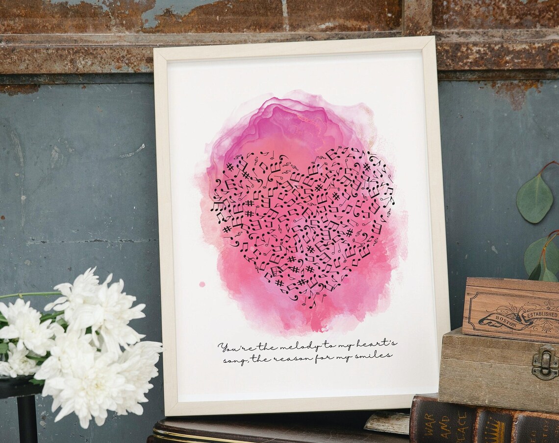 You're the Melody to My Heart's Song Watercolor Music Notes Heart Poster