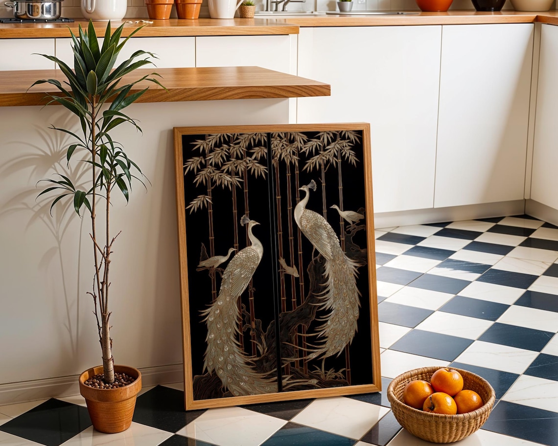 Golden Peacock Wall Art, Luxury Oriental Bird Print