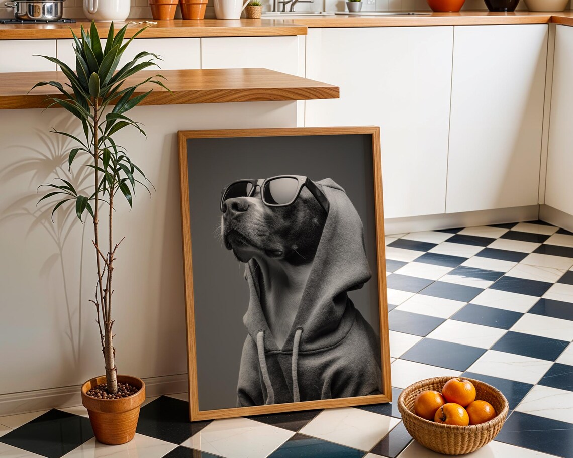 Black and White Dog Hoodie Sunglasses Cool Pet Portrait Poster