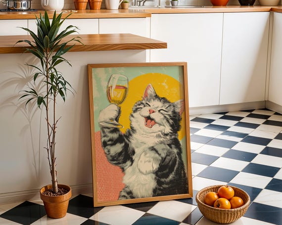 Pop Art Cat With Wine Print Retro Wall Funny Vintage Style Animal Poster Whimsical Feline Illustration Playful Bar Dcor