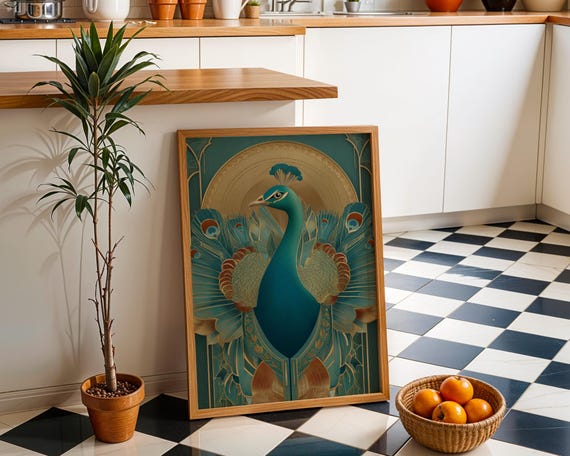Art Deco Peacock Wall Teal And Gold Elegant Bird Print Vintage Glam Home Dcor Luxury Geometric Illustration Poster