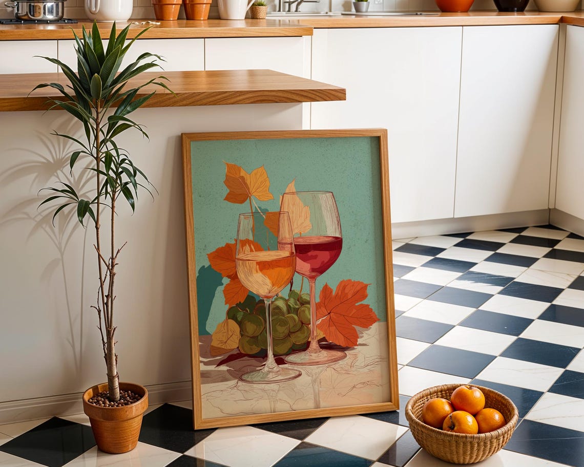 Autumn Wine Bottle Print Rustic Fall Floral Kitchen Wall Art Poster