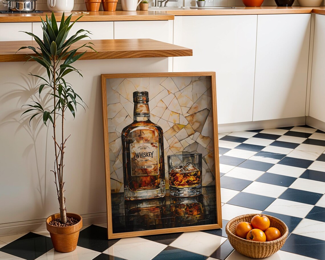 Whiskey Bottle Glass Golden Mosaic Tile Vintage Bar Decor Poster