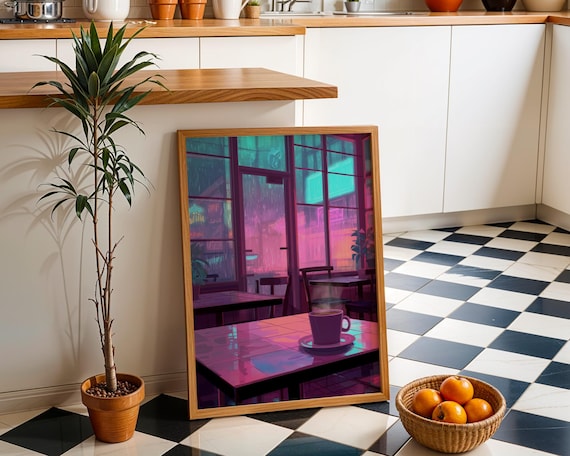 Lofi Cafe Rain Art Neon Coffee Shop Anime Inspired Cozy Window Decor Poster