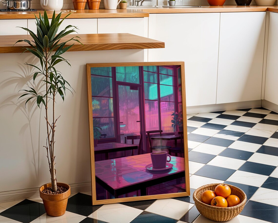 Lofi Cafe Rain Art Neon Coffee Shop Anime Inspired Cozy Window Decor Poster