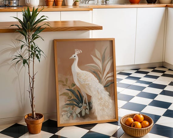 White Peacock Wall Art Neutral Boho Bird Print Elegant Nature Illustration Minimalist Botanical Dcor Modern Living Room Artwork