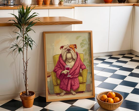 Wine Bulldog Art Print Funny Dog Drinking Wall Relaxing Illustration In Robe Whimsical Animal Dcor Fun Bar Artwork