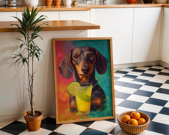 Dachshund Cocktail Art Print Sausage Dog Margarita Wall Colourful Illustration Fun Bar Dcor Lime Drink Artwork