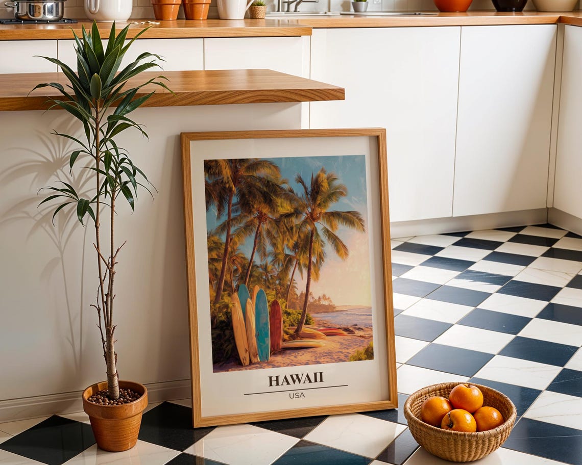 Hawaii USA Surfboards Sunset Beach Retro Travel Poster Artwork