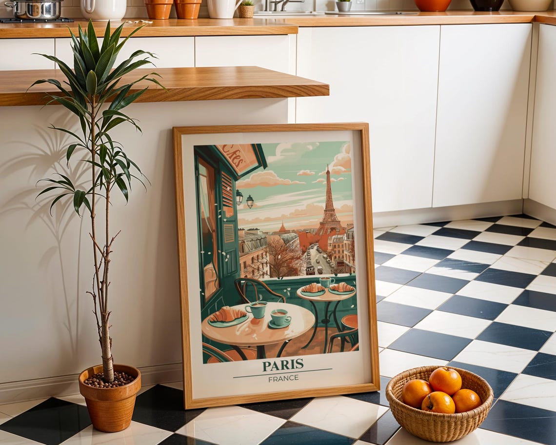 Paris Cafe Terrace Eiffel Tower Vintage Style French Travel Poster