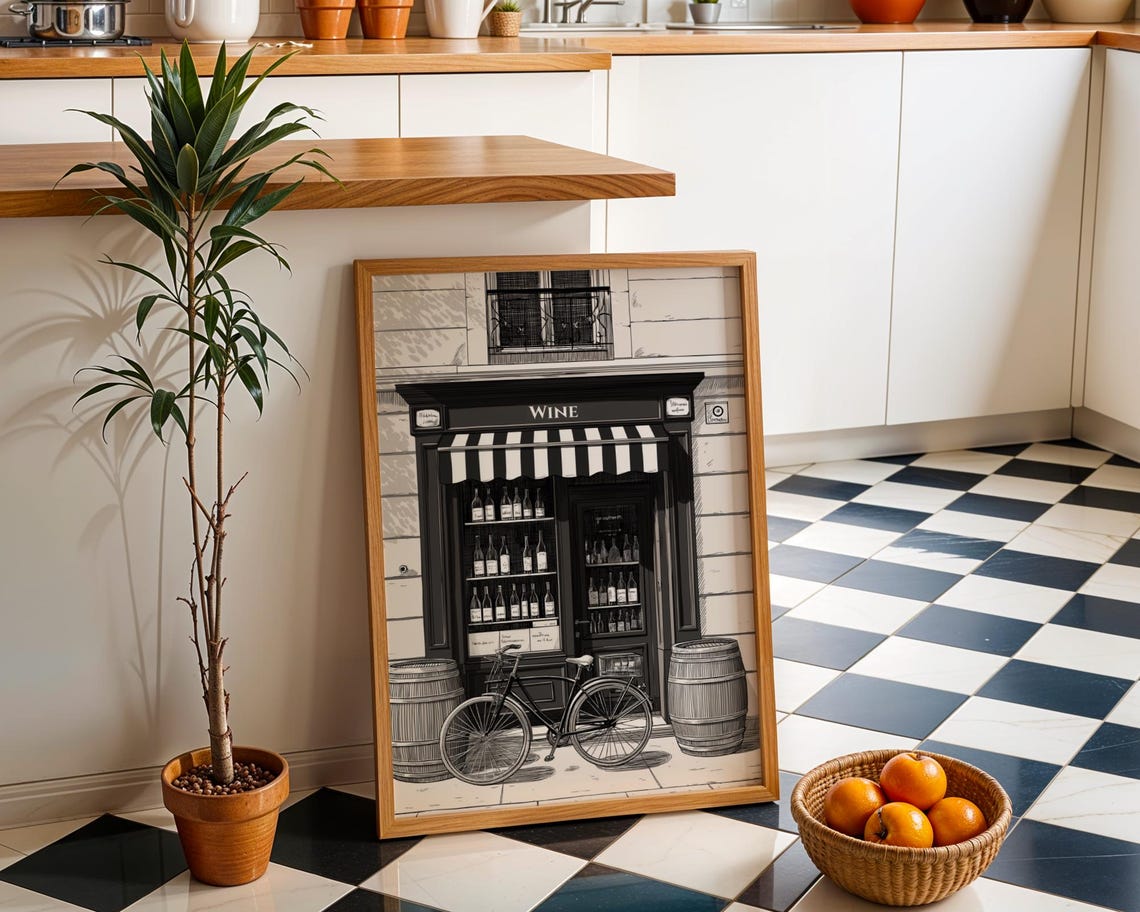 Black Awning Wine Shop Storefront Bicycle Vintage Sketch Art Poster