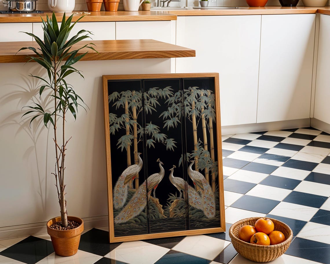 Golden Peacocks Bamboo Oriental Black Lacquer Style Art Poster
