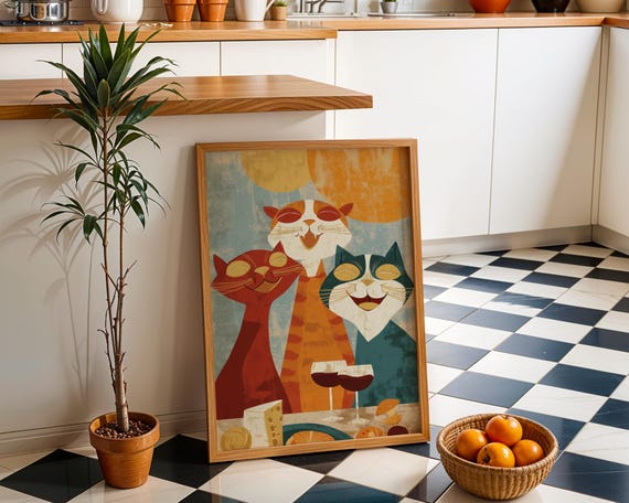 Mid Century Modern Cat Art Print Retro Cats Drinking Wine Poster Vintage Wall Colourful Abstract Feline Illustration
