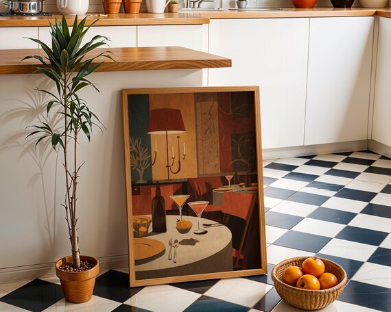 Midcentury Dining Room Art Print Retro Cocktail Bar Wall Warm Modern Interior Poster Abstract Restaurant Scene Supper Club