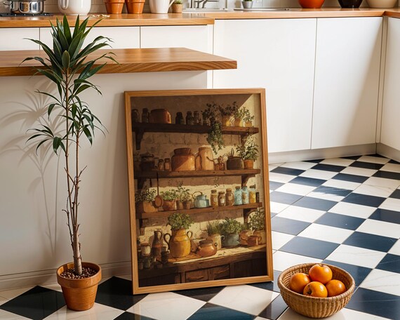 Rustic Pantry Shelves Vintage Pottery Jugs Farmhouse Kitchen Poster
