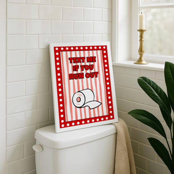 Funny Bathroom Wall Art Text Me If You Run Out Red Dcor Toilet Paper Quote Sign