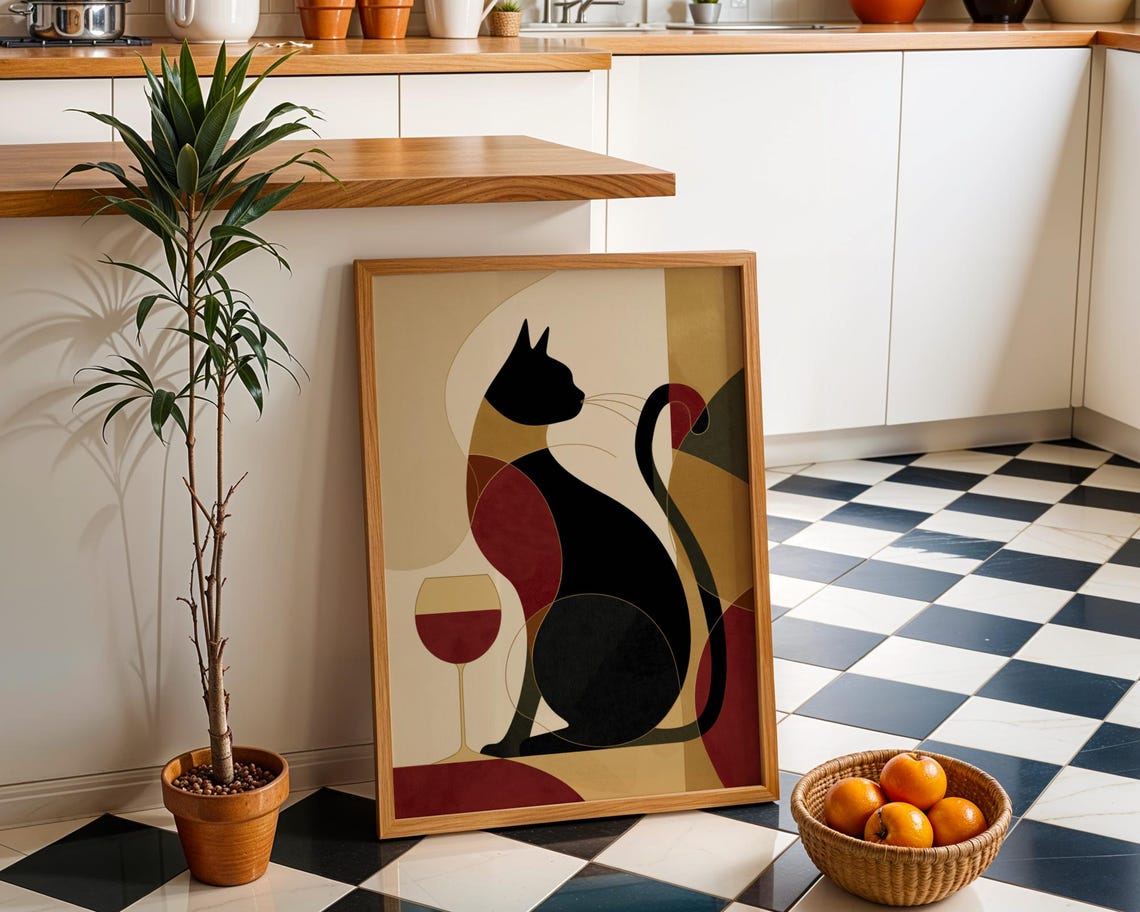Cubist Black Cat With Wine Glass Geometric Modern Art Poster