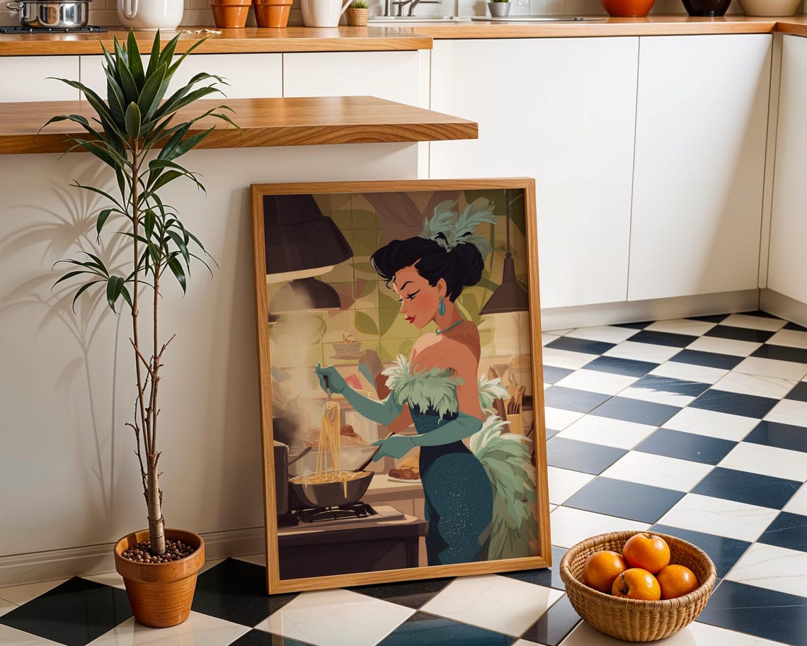 Glamorous Showgirl Cooking Pasta Retro Pin Up Kitchen Art Print