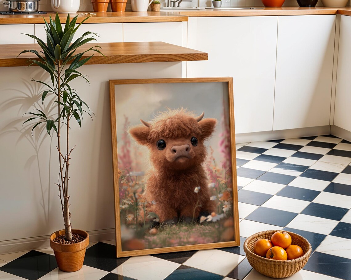 Cute Baby Highland Cow Calf Flower Meadow Nursery Art Poster