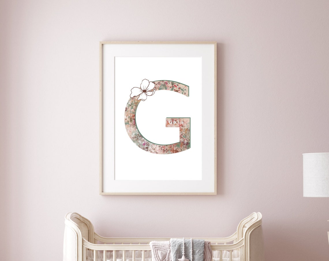 Letter G Cosmos Floral Poster with Watercolor Botanical Art Style