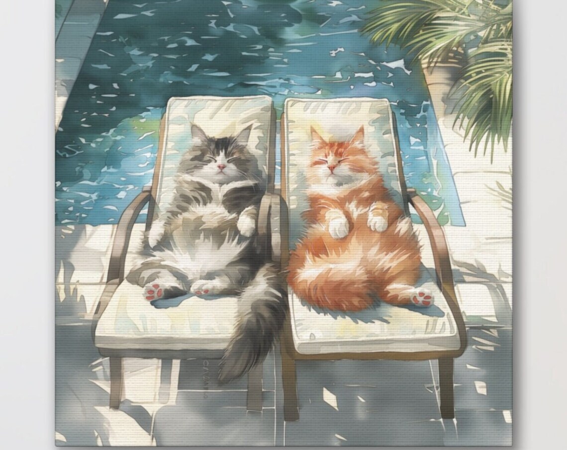 Two Fluffy Cats Sunbathing on Lounge Chairs by the Swimming Pool Poster