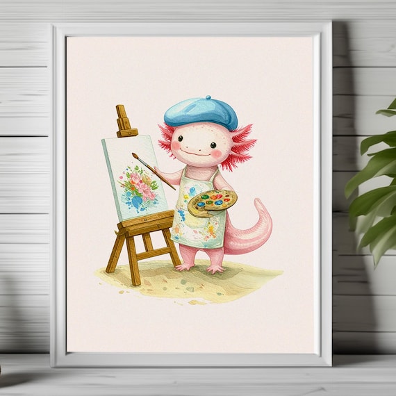 Cute Axolotl Artist Painting Flowers at Easel Nursery Fine Art Poster