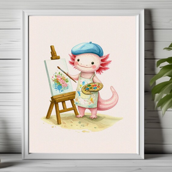 Cute Axolotl Print Whimsical Art Watercolor Kids Room Wall Pastel Nurseryprint Decor 195