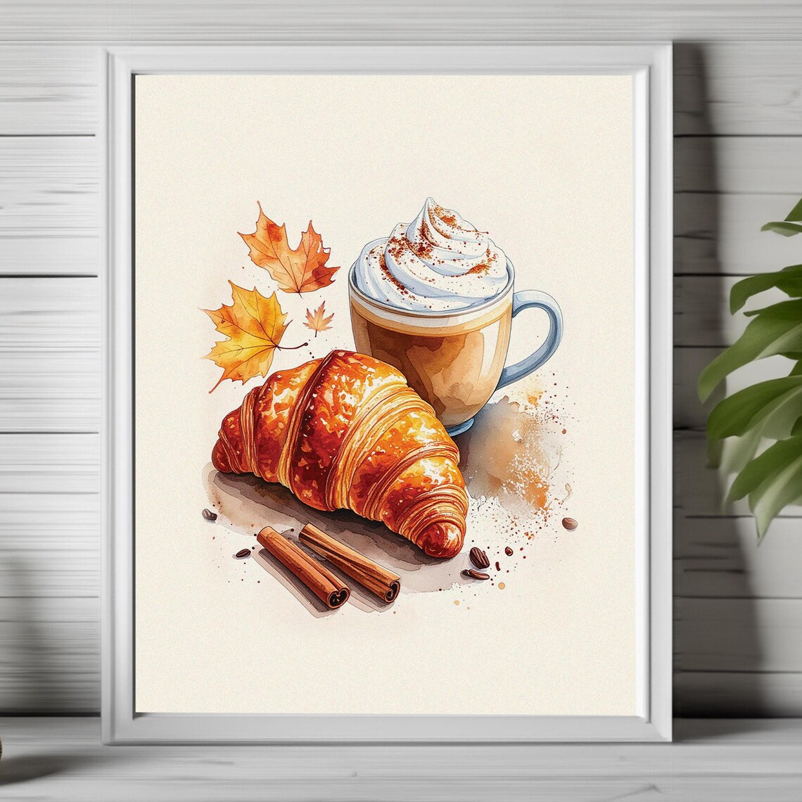 Autumn Croissant And Creamy Latte Watercolor Kitchen Art Poster