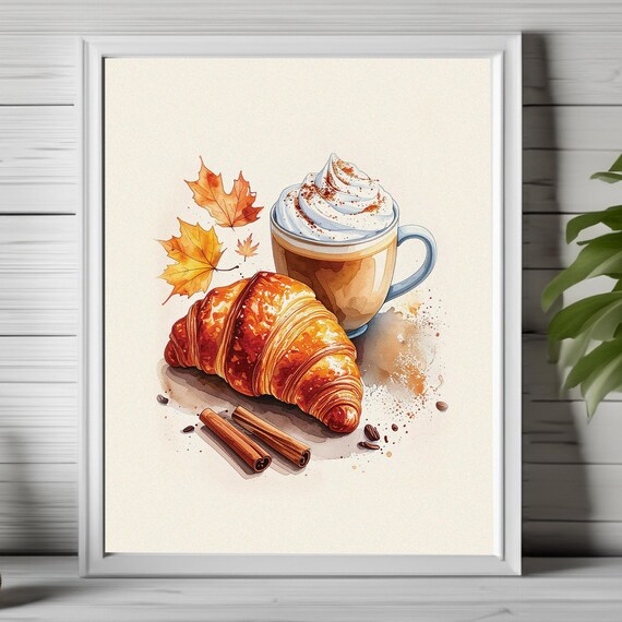 Autumn Wall Art Croissant Latte Print Foodie Kitchen Decor Pumpkin Spice Rustic Warm Caf 272