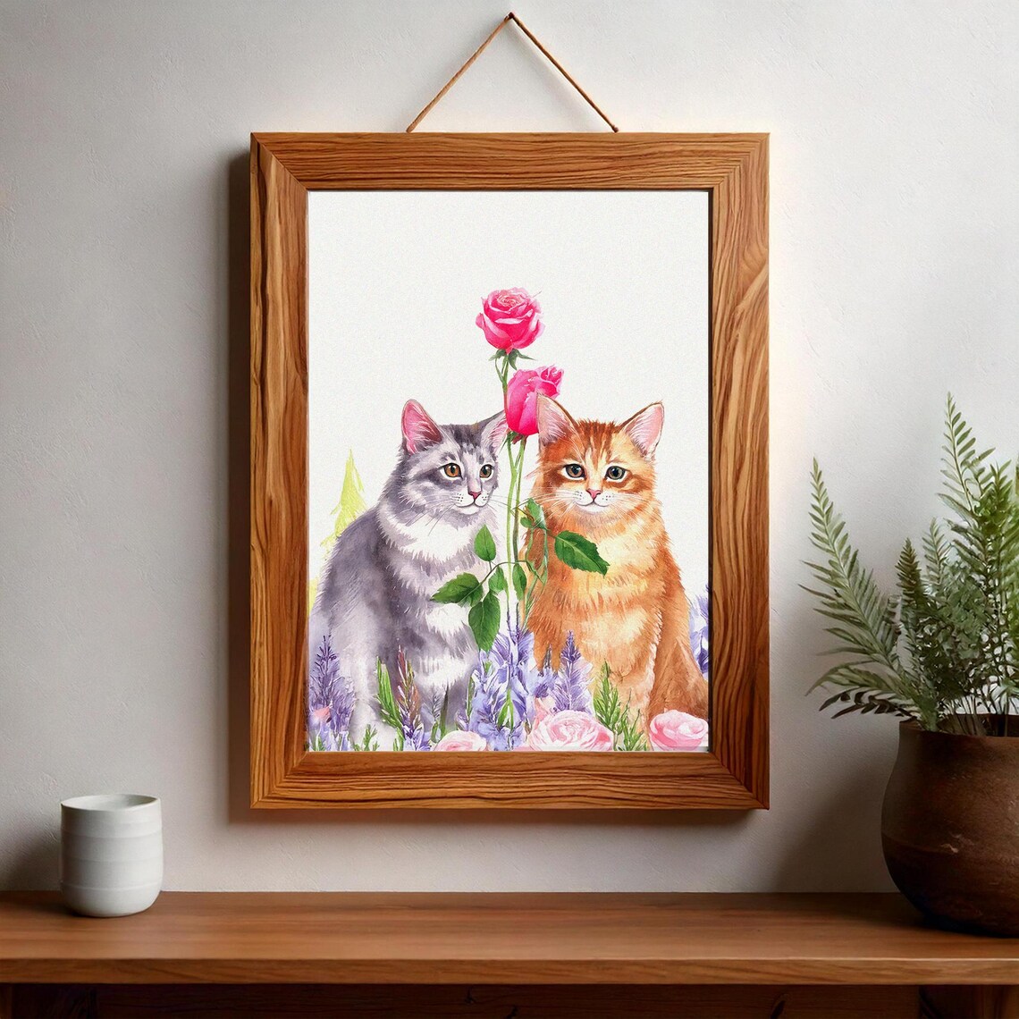 Two Watercolor Kittens with Pink Roses Floral Feline Art Poster - Image 3