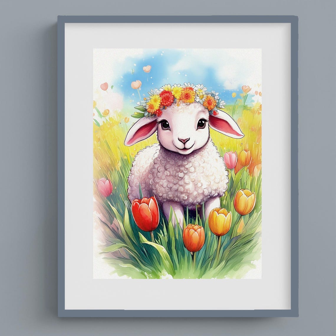 Cute Lamb with Flower Crown Among Tulips Spring Nursery Art Poster - Image 2