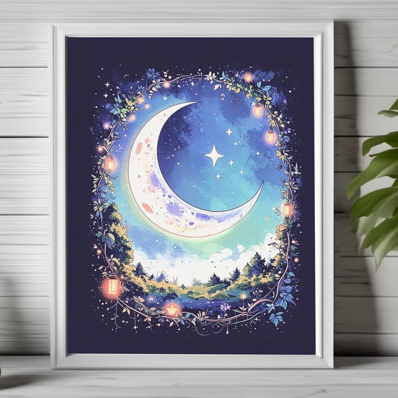 Celestial Wall Art Moon And Stars Print Fantasy Poster Whimsical Night Lunar Cozy Cosmic Nature 198