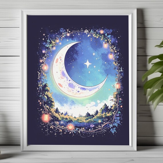 Dreamy Crescent Moon Starry Night Lantern Vines Fine Art Poster