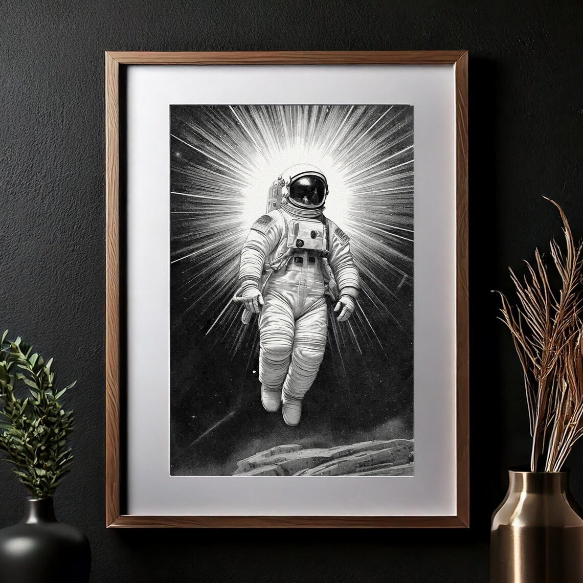 Black and White Astronaut in Radiant Burst Sketch Art Poster - Image 3