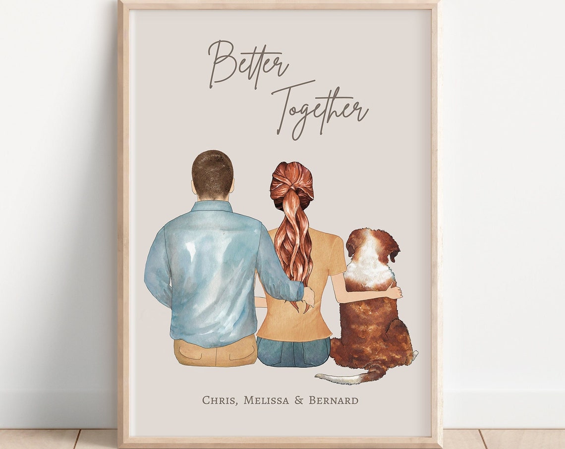 Better Together Personalized Couple with Dog Portrait Poster