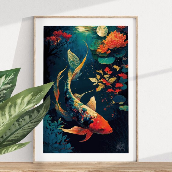 Orange White Koi Fish Print Japanese Artwork Prints Japan Art Koi Art Painting Modern Fish Artwork Koi Fish Decor