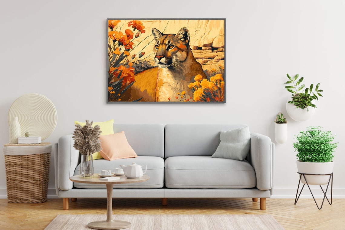 Mountain Lion Wild Poppies Desert Canyon Botanical Wildlife Poster - Image 2
