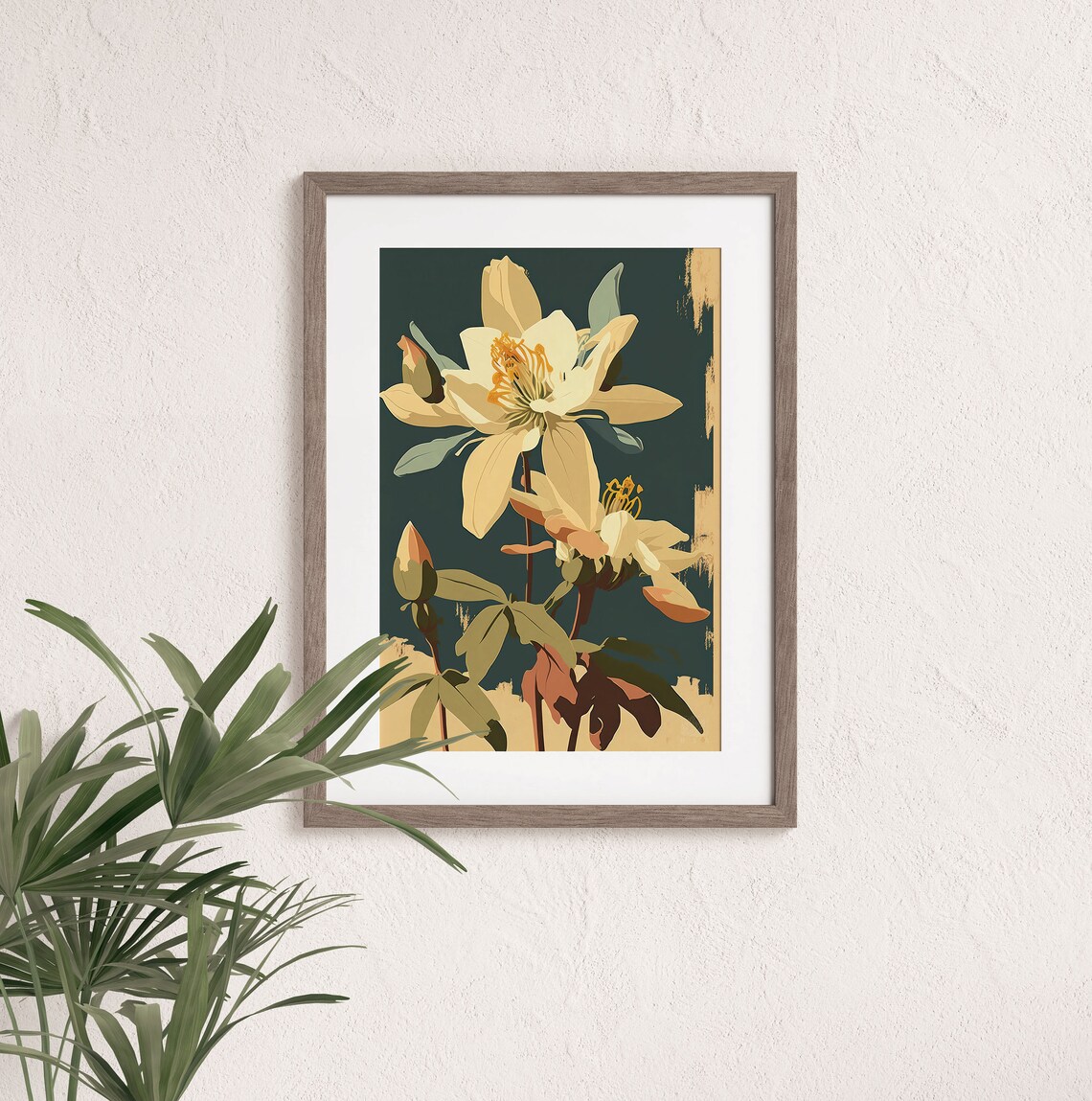 Cream Columbine Flower Botanical Art On Deep Dark Green Poster - Image 3