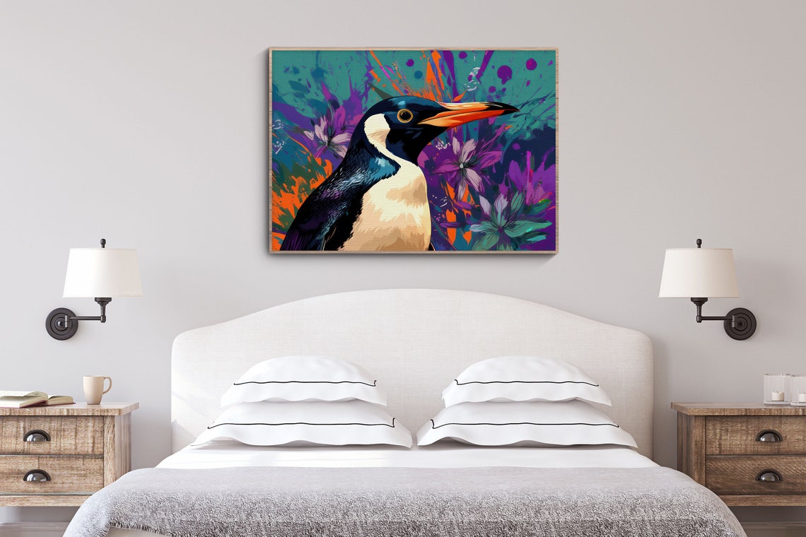 Purple Penguin Floral Print Jungle Penguin Poster Art Wildlife Nursery Decor Modern Chic - Image 2